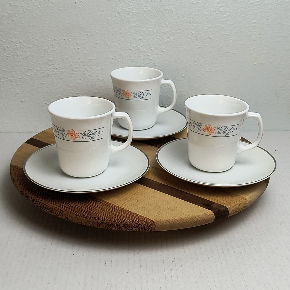 Set Of 3 Coffee Tea Cups & Saucers White Floral Ceramic